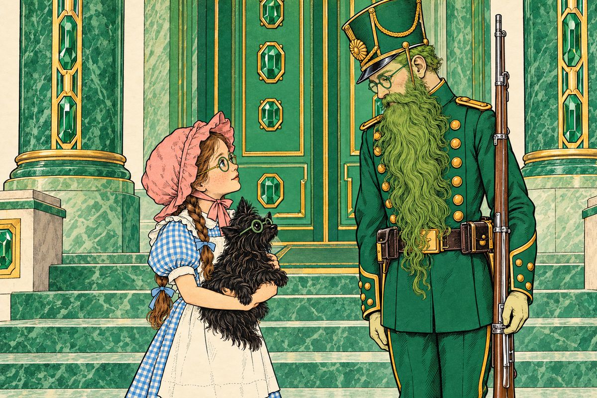 At the Palace stood a soldier with a long green beard. He carried their message to Oz, who spoke only from behind a screen. Each traveller might see Oz alone, one each day, so a green-haired maid led them to their lovely green rooms to wait. The soldier said that Oz had agreed after hearing of Dorothy's silver shoes and the mark on her forehead.