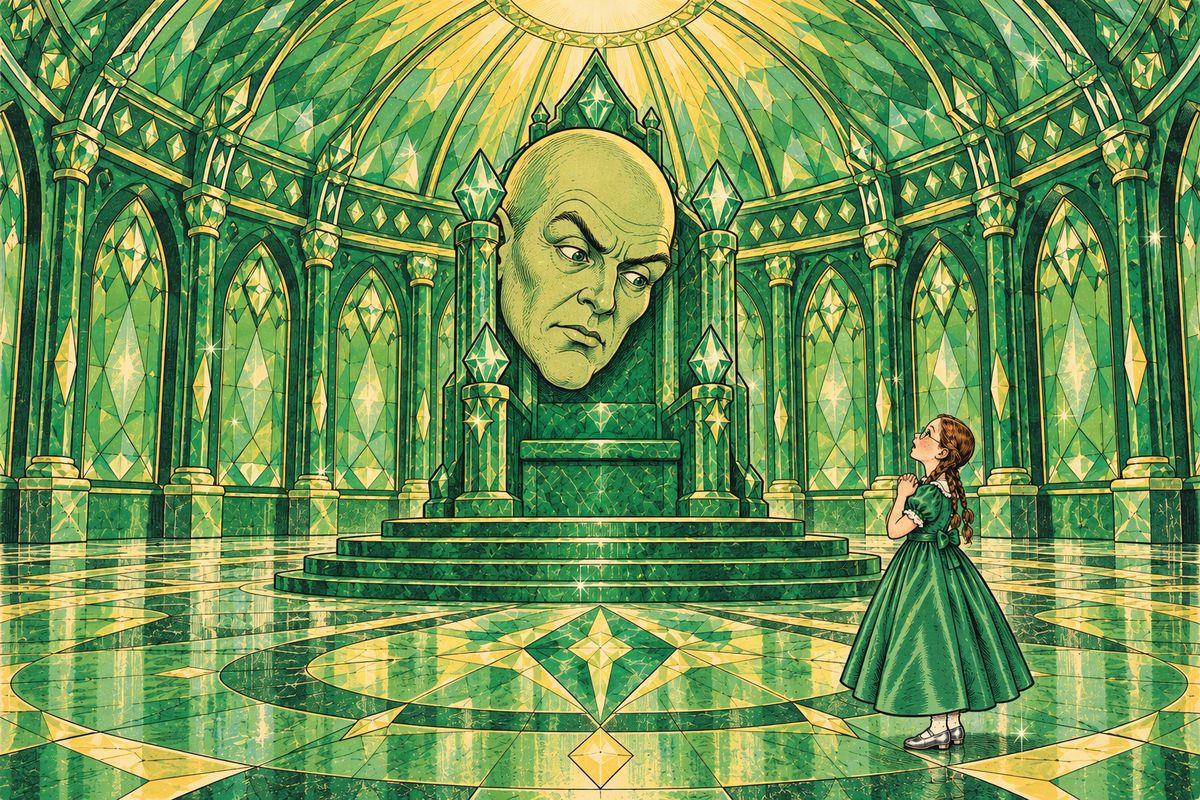Next morning Dorothy went alone into the Throne Room. On the emerald throne sat an enormous bald Head with no body at all. Its eyes turned and looked at her. "I am Oz, the Great and Terrible. Who are you, and why do you seek me?" Bravely she answered, "I am Dorothy, the Small and Meek. I have come to you for help."