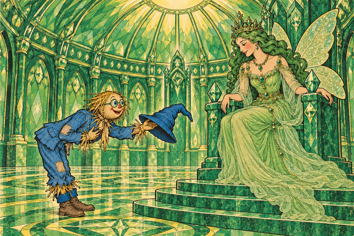 The next day the Scarecrow found a lovely Lady with gauzy wings on the throne. She asked the same question and set the same price: kill the Witch, and he would have the best brains in Oz. "I don't care who kills her," said Oz. The Scarecrow decided the Lady needed a heart as much as the Tin Woodman did.