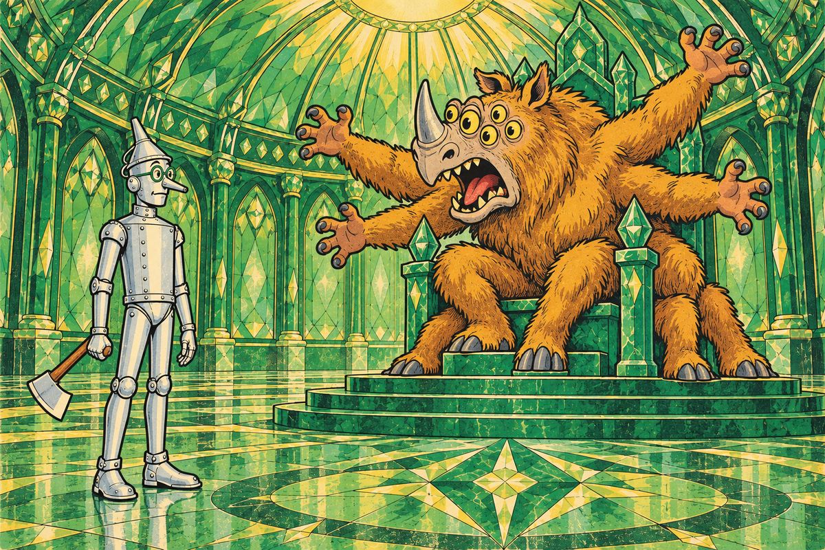 When the Tin Woodman went in, the throne held a dreadful Beast as big as an elephant, with a rhinoceros head, five eyes, five arms and five legs. "If you indeed desire a heart, you must earn it," it roared. "Help Dorothy to kill the Wicked Witch of the West." Being only tin, the Woodman was not afraid, only disappointed.