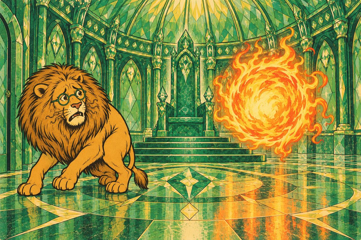 The Lion had planned to roar and frighten Oz, but he found a Ball of Fire so fierce that it singed his whiskers. A quiet voice said he would get courage only when he brought proof that the Witch was dead. The Ball grew hotter and hotter until the Lion turned tail and rushed from the room.