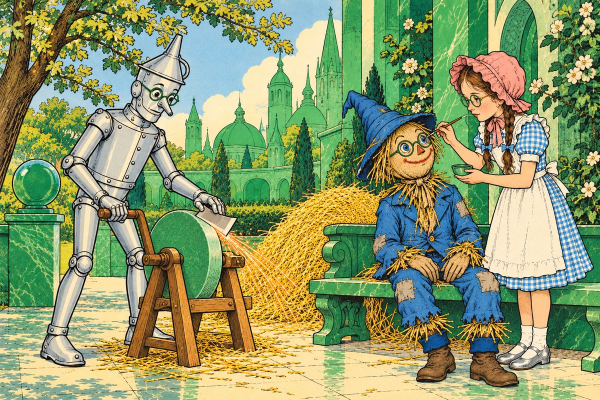 Unhappily, the friends agreed they must go to the land of the Winkies and look for the Witch, though none of them wanted to kill anybody. They got ready to leave in the morning. The Woodman sharpened his axe on a green grindstone and oiled his joints, the Scarecrow was stuffed with fresh straw and got newly painted eyes, and Toto got a little bell.