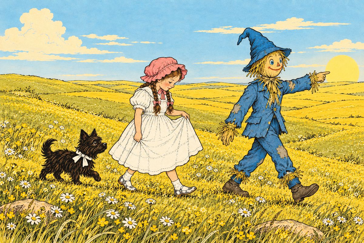 Leaving the Emerald City behind, the friends turned toward the setting sun and walked over soft hills dotted with daisies and buttercups. To Dorothy's surprise, her pretty green silk dress had turned pure white, and so had the ribbon around Toto's neck. There was no road, for no one ever wished to go that way.