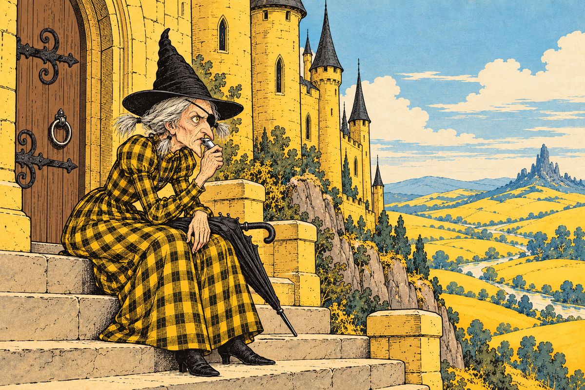 The Wicked Witch of the West had only one eye, but it could see as far as a telescope. Sitting in the door of her castle, she spied the strangers asleep in her country. She was angry to see them there, so she blew on the silver whistle around her neck, and a pack of great wolves came running.