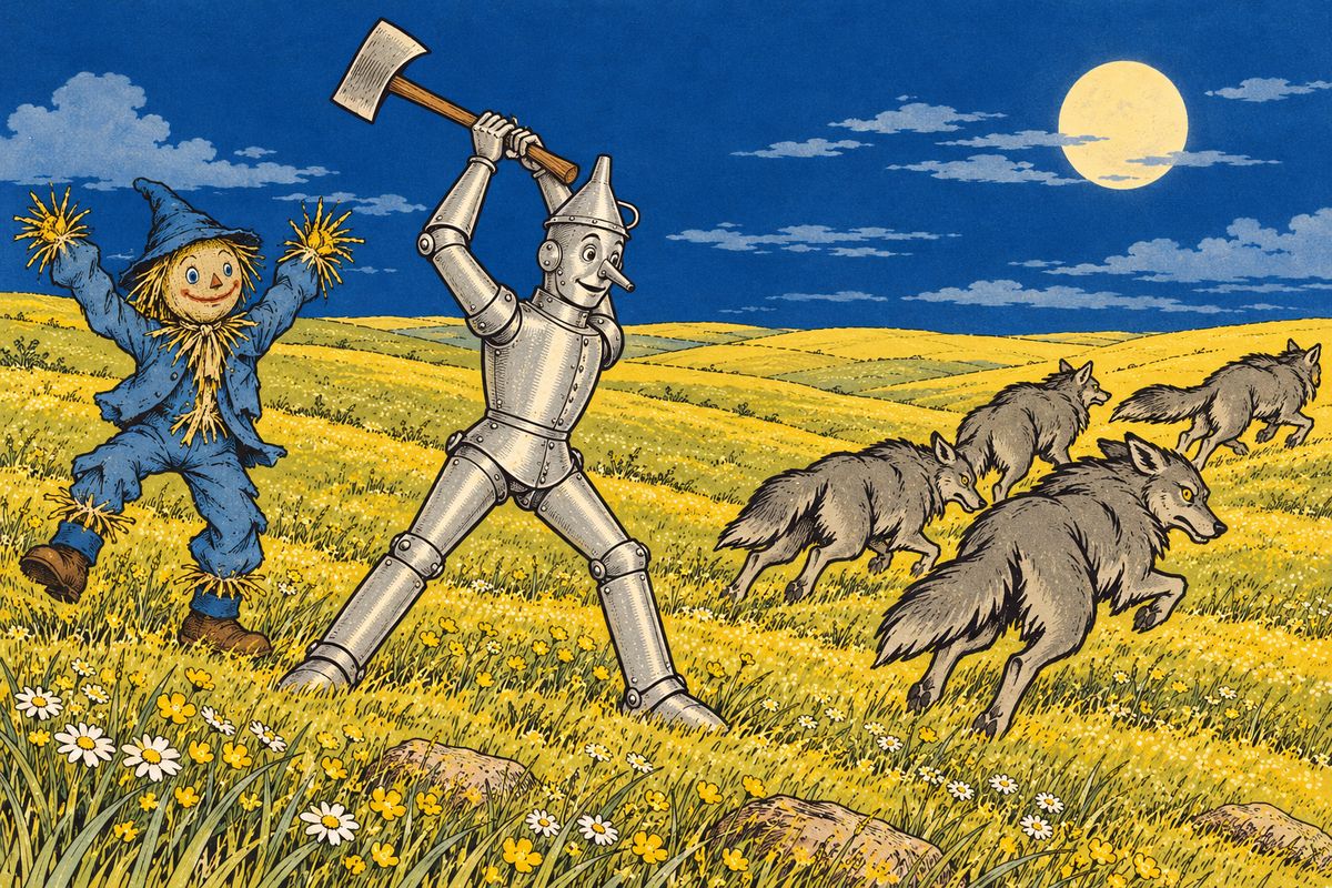 The Scarecrow and the Tin Woodman kept watch while the others slept. "This is my fight," said the Woodman, and he swung his sharp axe at every wolf that came near. Forty wolves came at him, and not one got past. By the time Dorothy woke the next morning, the whole pack was gone.