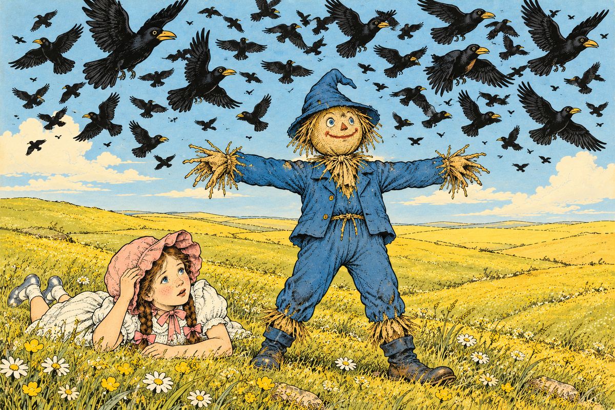 Next the Witch blew her whistle twice, and a great flock of wild crows came to peck out their eyes. "This is my battle," said the Scarecrow. While the others lay down, he stood up and stretched out his arms. The frightened birds would not come near a scarecrow, and the whole flock was soon gone.