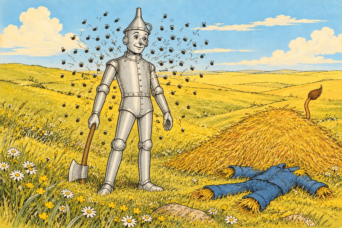 Three blasts on the whistle brought a swarm of black bees. The Woodman scattered the Scarecrow's straw over Dorothy, Toto and the Lion so the bees couldn't reach them. The bees could only sting the Woodman, and they broke off all their stings on his tin without hurting him a bit.
