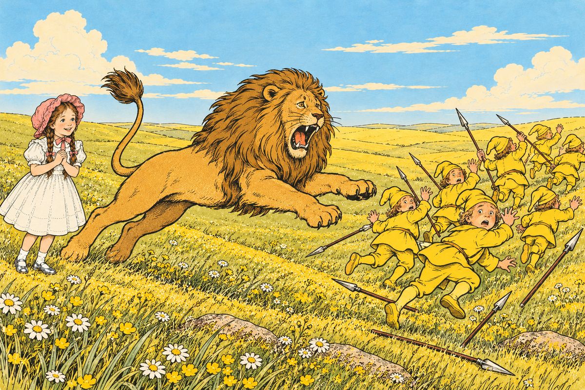 Once the straw was stuffed back into the Scarecrow, they went on. Then the furious Witch sent a dozen of her Winkie slaves with sharp spears. But the Winkies weren't brave, and when the Lion gave a great roar and sprang toward them, they dropped everything and ran back to the castle as fast as they could.