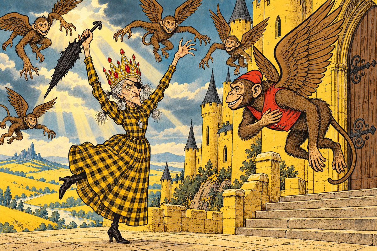 With her wolves, crows and bees gone and her slaves scared off, the Witch took the Golden Cap from her cupboard. The Cap could summon the Winged Monkeys three times, and she had already used it twice. She put it on, spoke the magic words, and the sky went dark as the Monkeys gathered around her for the last time.