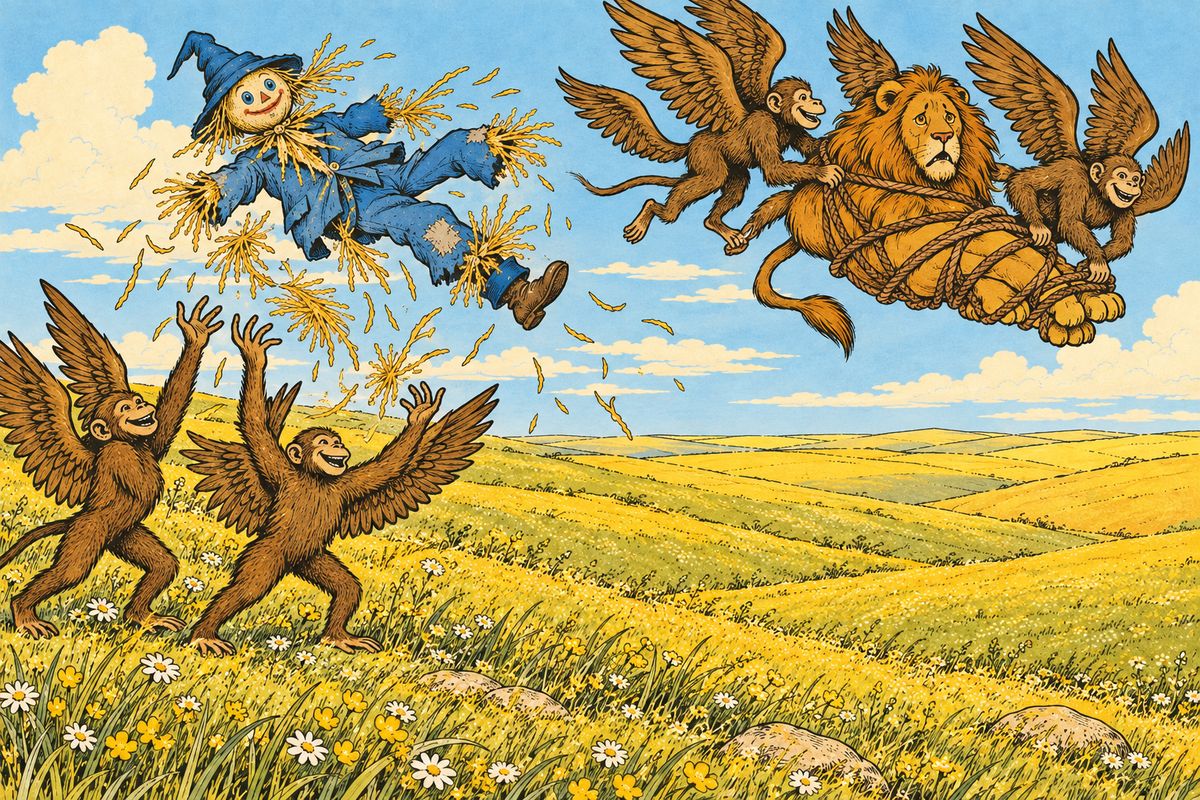 The Monkeys swooped down on the travelers. They carried the Tin Woodman off and dropped him onto sharp rocks, where he lay dented and still. They pulled every bit of straw out of the Scarecrow and tossed his clothes into a tall tree. Then they tied up the Lion with rope and flew him off to the Witch's castle.
