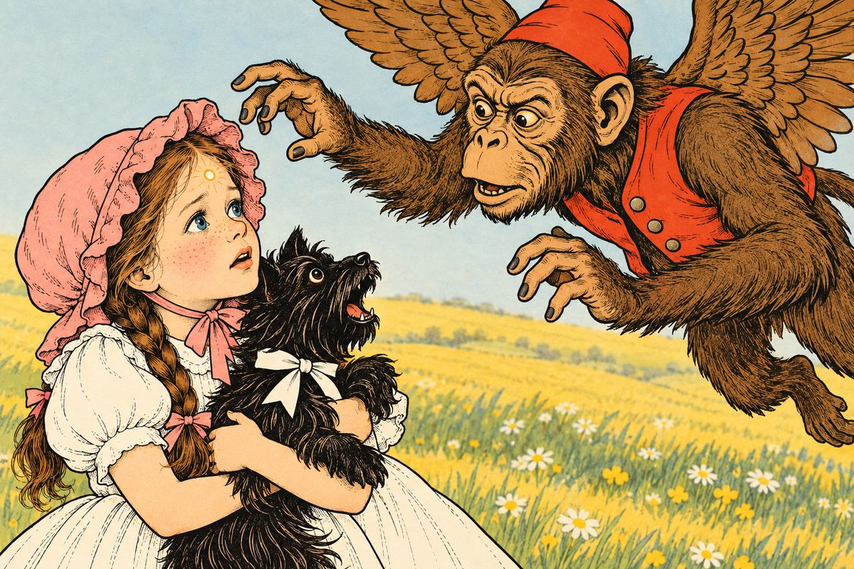 Dorothy stood holding Toto, sure that her turn was next. But the leader of the Monkeys saw the Good Witch's kiss on her forehead and stopped short. "We dare not harm this little girl," he told the others. So they carried her gently through the air and set her down on the Witch's doorstep.