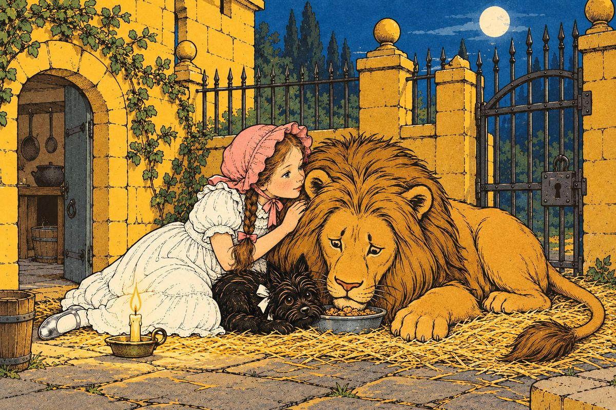 The Witch saw the mark and the silver shoes and was afraid, but Dorothy had no idea how powerful the shoes were. So the Witch made her a kitchen slave and kept the Lion locked in the yard with no food. Every night, while the Witch slept, Dorothy slipped him food from the cupboard, and they whispered about how to escape.