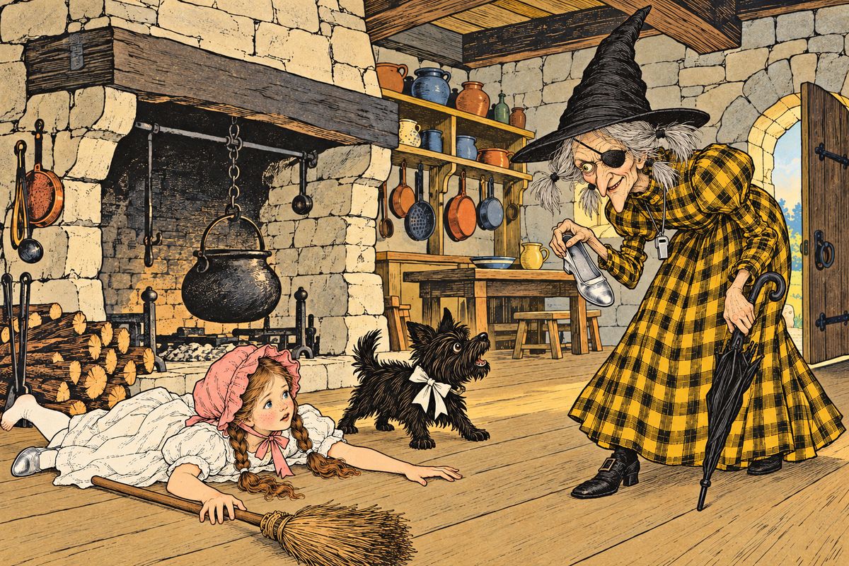 The Witch wanted the silver shoes for herself. She laid an iron bar in the middle of the kitchen floor and made it invisible. Dorothy tripped over it and fell, and one silver shoe came off. Before Dorothy could grab it, the Witch snatched it up and put it on her own skinny foot.