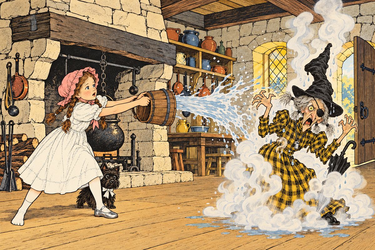 "Give me back my shoe!" cried Dorothy. When the Witch laughed at her, Dorothy threw a bucket of water over her. At once the Witch began to shrink, melting like brown sugar until only a brown puddle and her empty dress were left. Dorothy put her silver shoe back on and ran out to tell the Lion they were free.