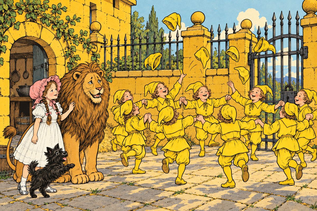 Dorothy unlocked the Lion's prison and set him free, then called the Winkies together and told them they were slaves no longer. The yellow Winkies kept that day as a holiday, then and ever after, feasting and dancing for joy.