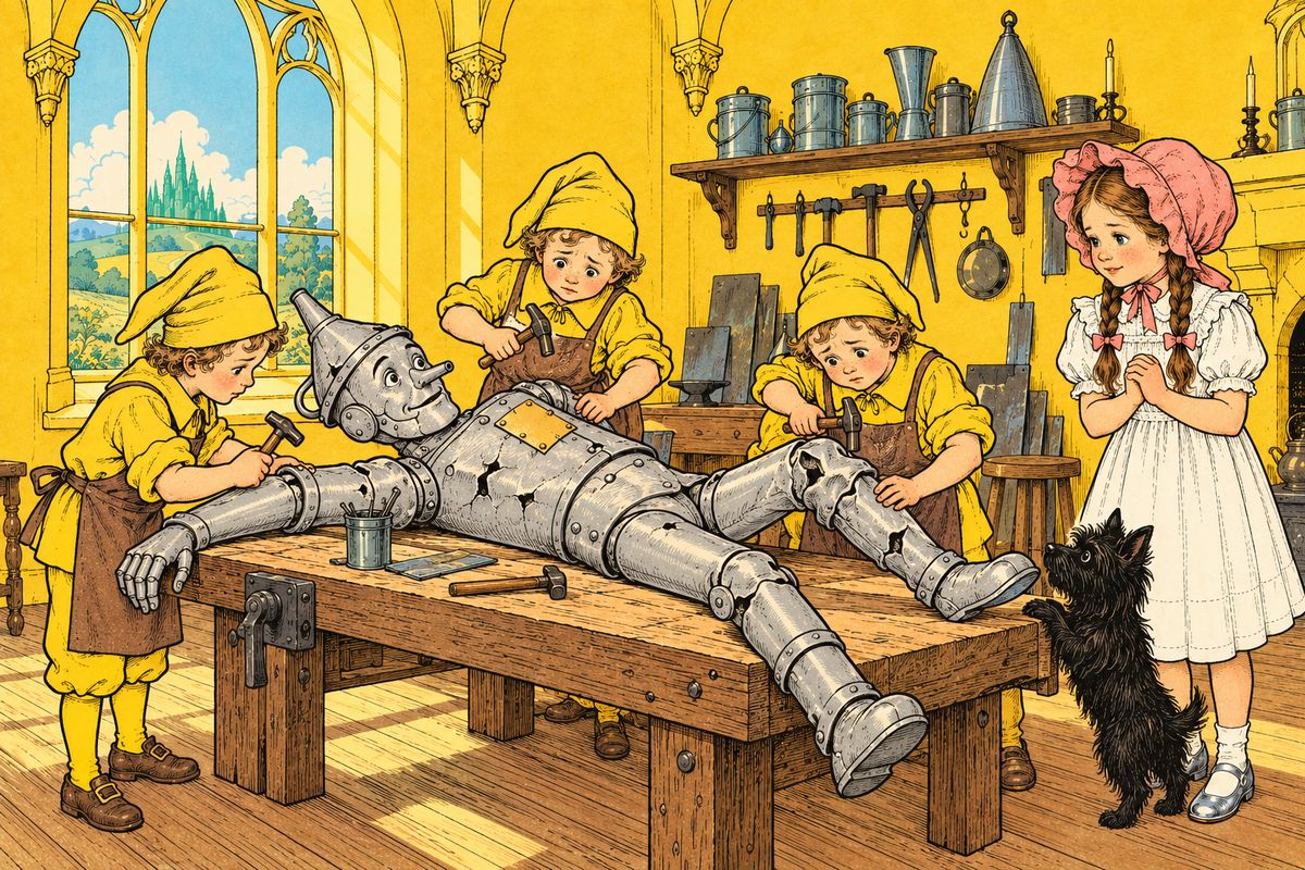 With a band of Winkies, Dorothy and the Lion found the Tin Woodman lying battered and bent on a rocky plain and carried him home. For three days and four nights the Winkie tinsmiths hammered, bent and soldered him until he was his old self again, patches and all.