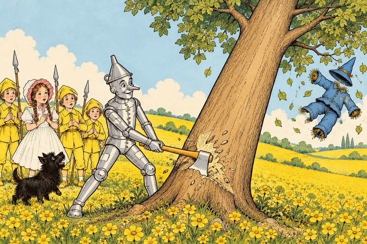 Next they sought the Scarecrow. A Winkie goldsmith had fitted the Woodman's axe with a handle of solid gold, and its blade shone like silver. "I'll chop it down," said the Woodman, and soon the tall tree crashed over, spilling the Scarecrow's clothes from its branches.