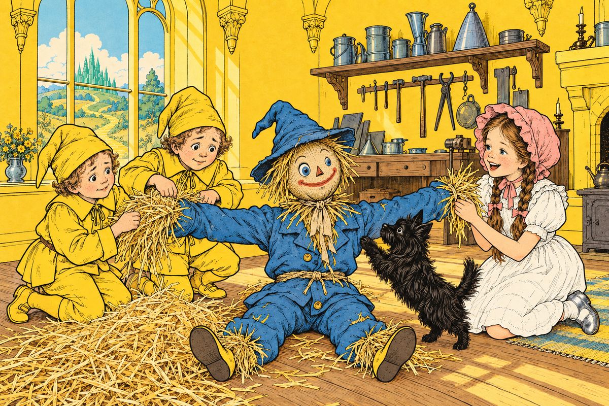 Back at the castle the Winkies stuffed the clothes with nice, clean straw, and behold! Here was the Scarecrow, as good as ever, thanking them over and over again for saving him.