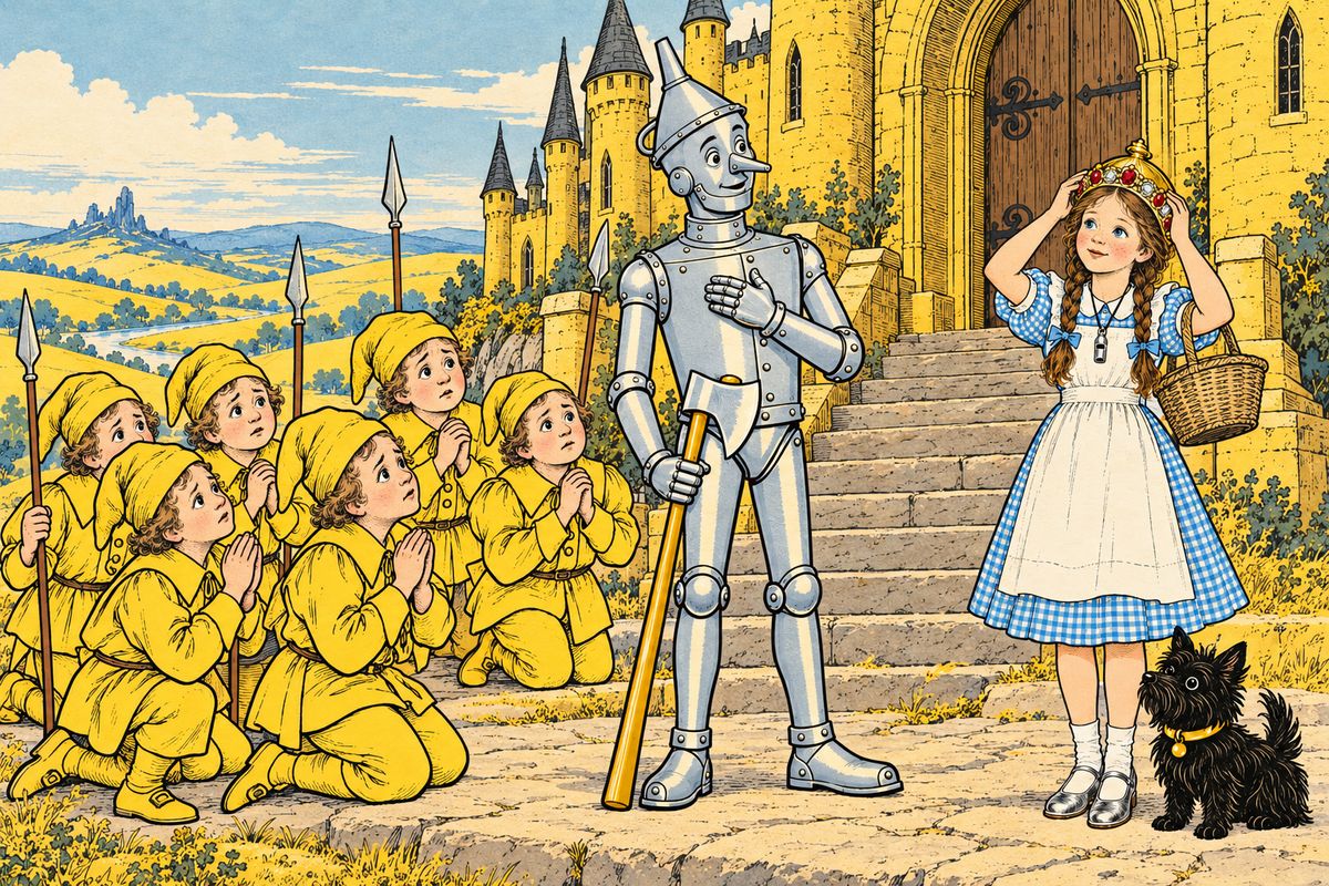 After a few happy days Dorothy thought of Aunt Em, and they made ready to return to Oz. The Winkies begged the Tin Woodman to stay and rule the Yellow Land, then gave everyone fine gifts. In the Witch's cupboard Dorothy found a pretty Golden Cap that fitted her exactly, and put it on.