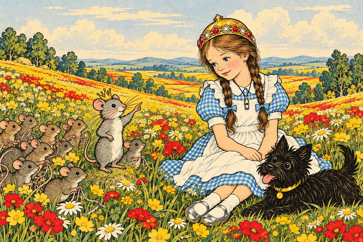 With no road to follow, they lost their way among endless scarlet and yellow flowers. At last Dorothy blew her whistle, and the Queen of the Field Mice came. "Why don't you use the charm of the Cap," she said, "and call the Winged Monkeys to you?"