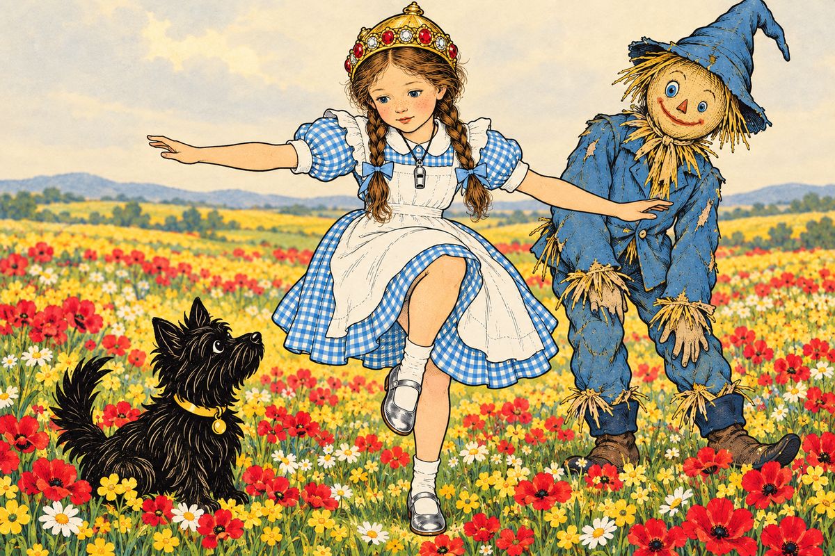 Dorothy read the words inside the Cap and put it on. "Ep-pe, pep-pe, kak-ke!" she said, standing on her left foot; then on her right, and then on both. The puzzled Scarecrow asked what she was saying, and a great flapping of wings filled the air.