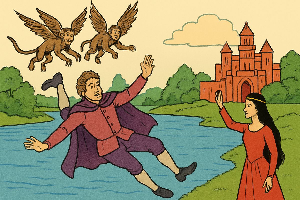 The Winged Monkeys carried them off, and as they flew the Monkey King told why they obey the Cap. Long ago his grandfather dropped Quelala, betrothed to the princess Gayelette, into a river for a joke. Gayelette spared the Monkeys only if they would obey the Golden Cap's owner three times.