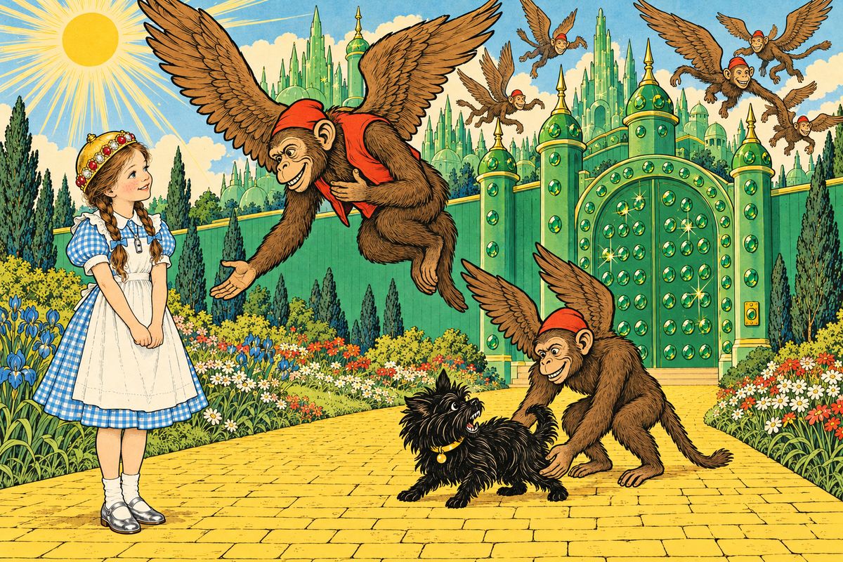 Soon the green walls of the Emerald City shone below. The Monkeys set everyone down carefully at the gate, the little Monkey letting go of Toto, who had snapped at him the whole way, and the King bowed and flew off. "That was a good ride," said Dorothy.