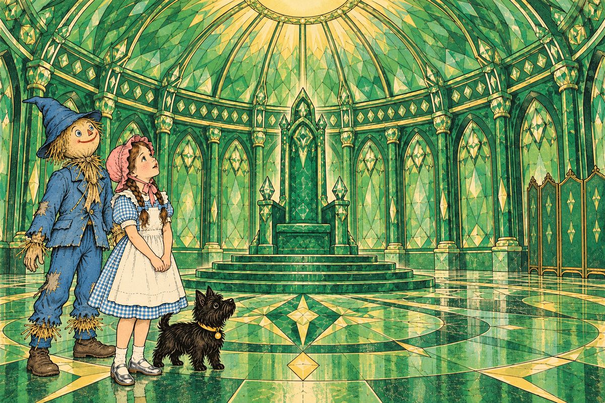 The four friends went back to the Throne Room to claim what Oz had promised, but the great room was empty. Then a solemn Voice spoke from somewhere near the top of the dome: "I am Oz, the Great and Terrible. Why do you seek me?"