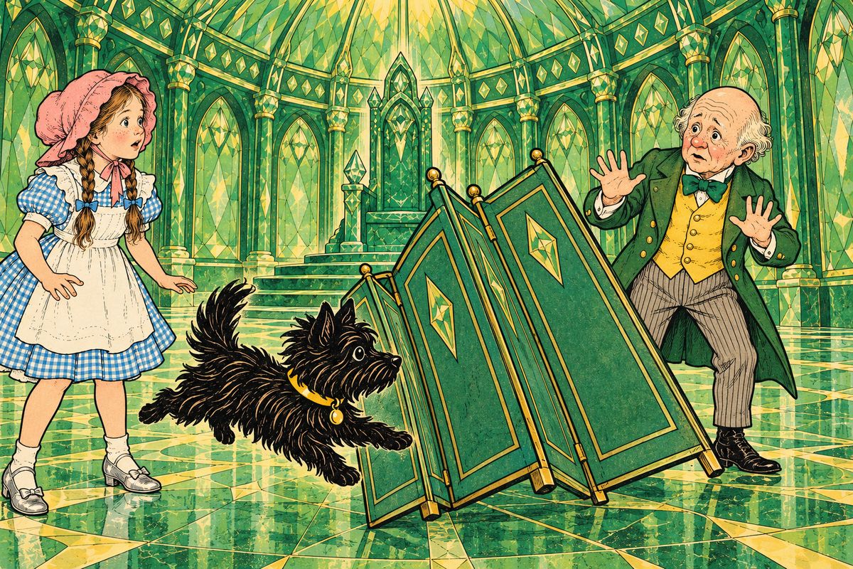 When the Lion roared, Toto jumped away in alarm and tipped over the screen in the corner. Behind it, where the Voice had come from, stood a little old man with a bald head and a wrinkled face, looking every bit as surprised as they were.