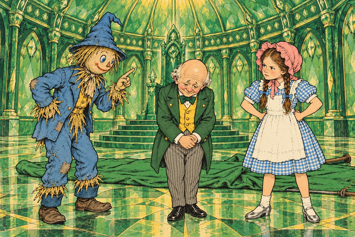 "I'm a humbug," the little man admitted. He was only a common man from Omaha, a circus balloonist who had drifted to Oz long ago and done his tricks by ventriloquism. "You're more than that," said the Scarecrow sadly, and Dorothy said he ought to be ashamed of fooling everyone.