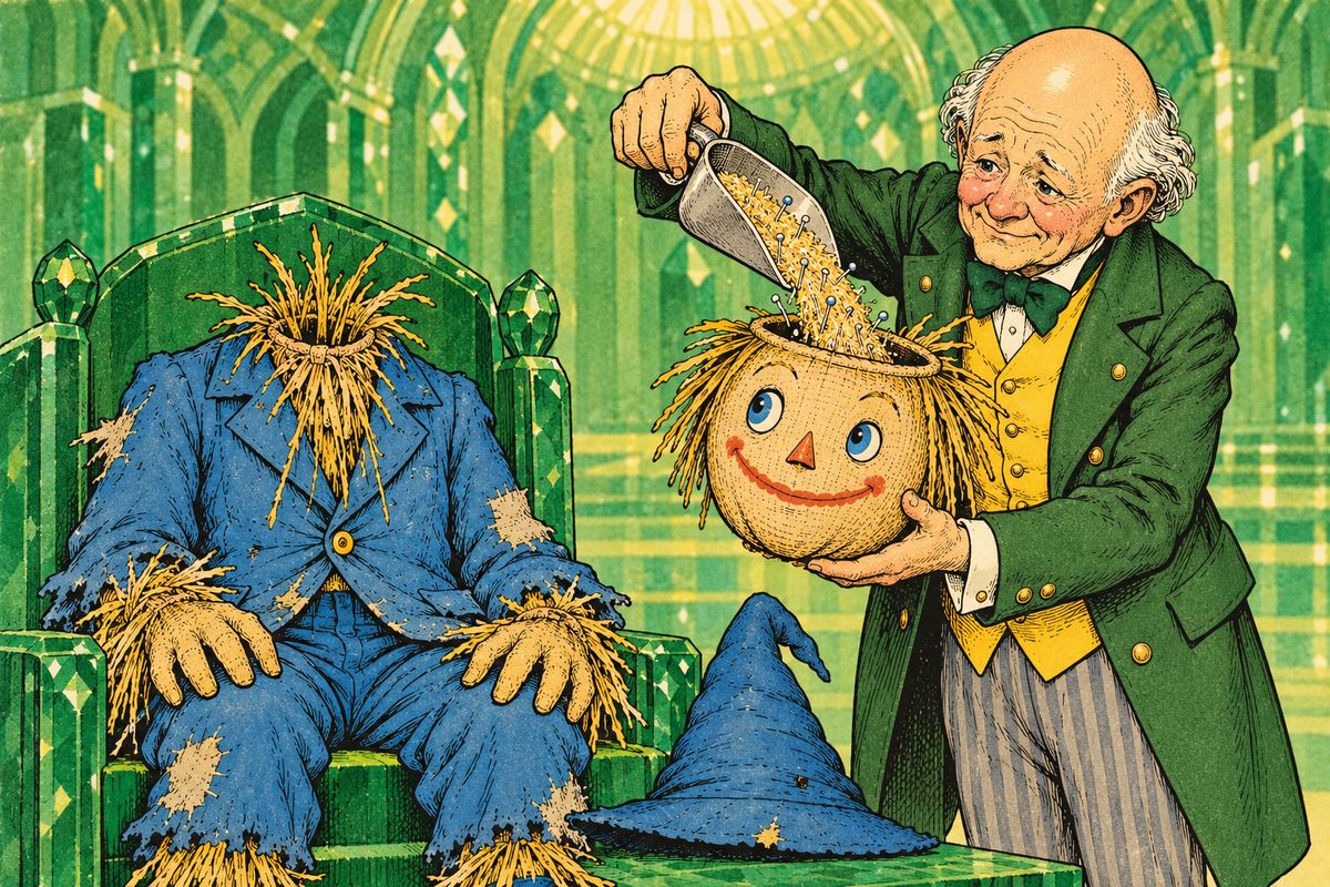 Next morning the Scarecrow came for his brains. Oz took off his head, emptied out the straw, and filled the top with bran mixed with plenty of pins and needles. "Hereafter you will be a great man," he said, "for I have given you a lot of bran-new brains."