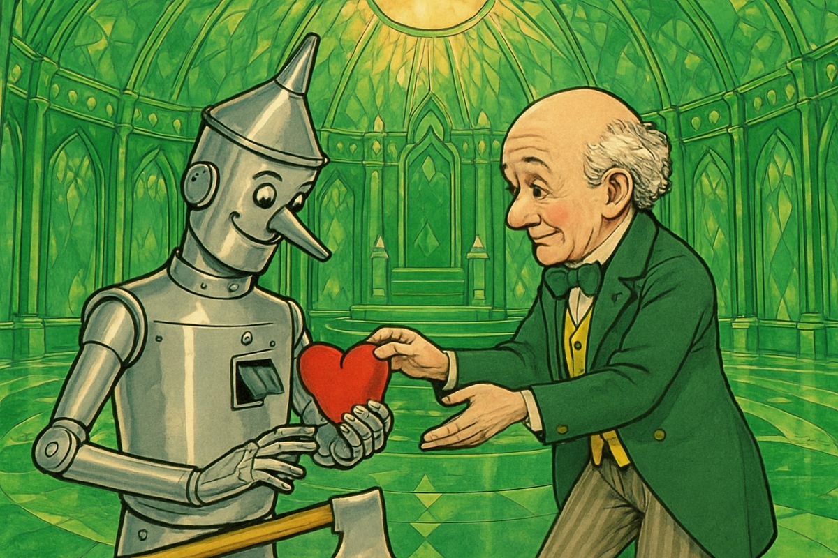 Then the Tin Woodman came for his heart. Oz snipped a small square hole in his tin chest with tinsmith's shears, set in a pretty heart of red silk stuffed with sawdust, and soldered the patch neatly back. "But is it a kind heart?" asked the Woodman. "Oh, very!" said Oz.