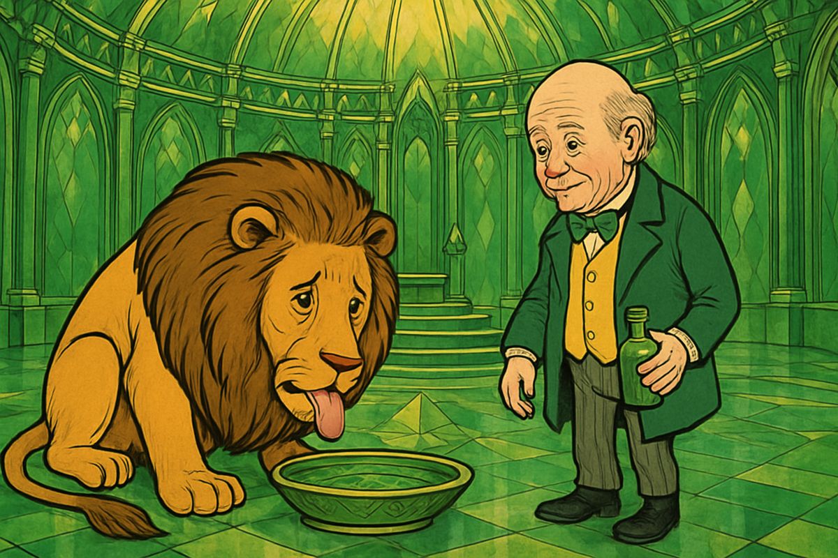 Last came the Lion. Oz poured something from a square green bottle into a carved green-gold dish and told him that courage was always inside one, so he had better drink it. The Lion lapped it dry. Alone afterward, Oz sighed, "How can I help being a humbug, when all these people make me do things that can't be done?"