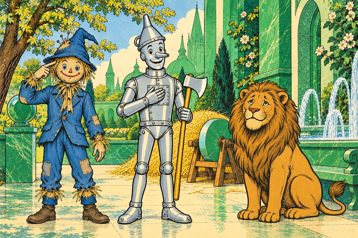 Each friend was delighted. The Scarecrow's head bulged with wonderful thoughts, the Woodman felt his kind heart rattling, and the Lion said he would face an army. Only Dorothy was sad, for three long days passed with no word from Oz about the way home to Kansas.
