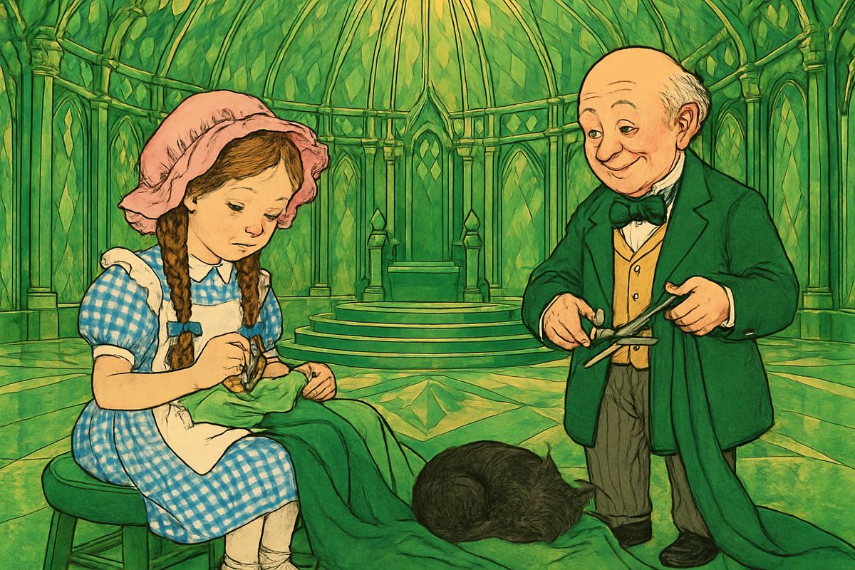 At last Oz sent for Dorothy. He had come by air, he said, and so had she, so they would cross the desert in a balloon, and he would go with her, being tired of humbugging. For three days she sewed strips of light, dark and emerald silk together as fast as he cut them.