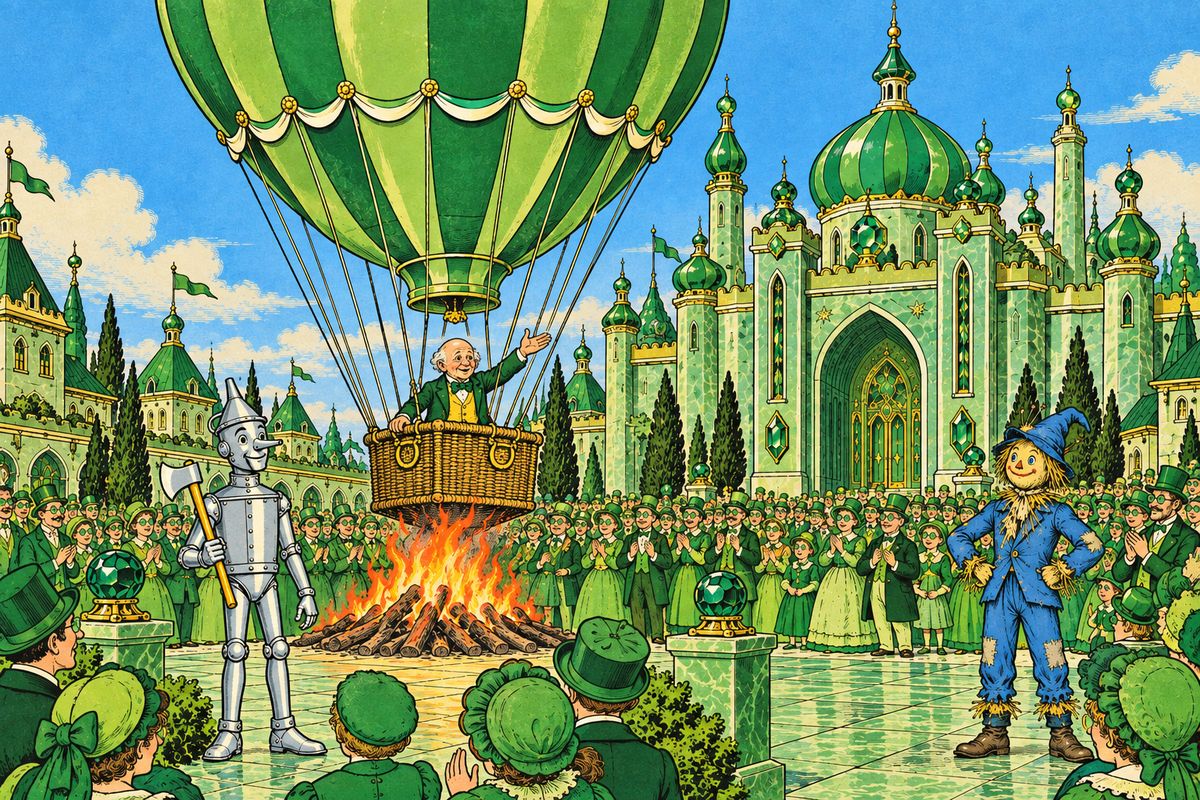 The Tin Woodman built a big fire before the Palace, and Oz held the green bag over it until it swelled with hot air and rose. Then he climbed into the basket and told the whole crowd, "While I am gone the Scarecrow will rule over you. I command you to obey him."