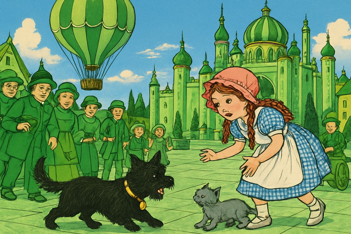 "Come, Dorothy! Hurry up, or the balloon will fly away!" cried the Wizard. But Toto had run off into the crowd to bark at a kitten, and Dorothy would not leave her little dog behind.