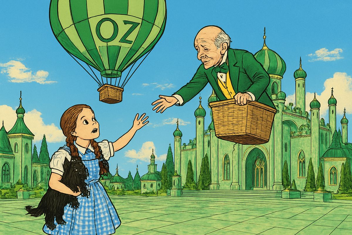 She caught him and ran for the basket. Oz held out his hands, but crack! went the ropes, and the balloon rose without her. "I can't come back, my dear," he called. "Good-bye!" And that was the last anyone ever saw of Oz, though he may have reached Omaha, for all we know.