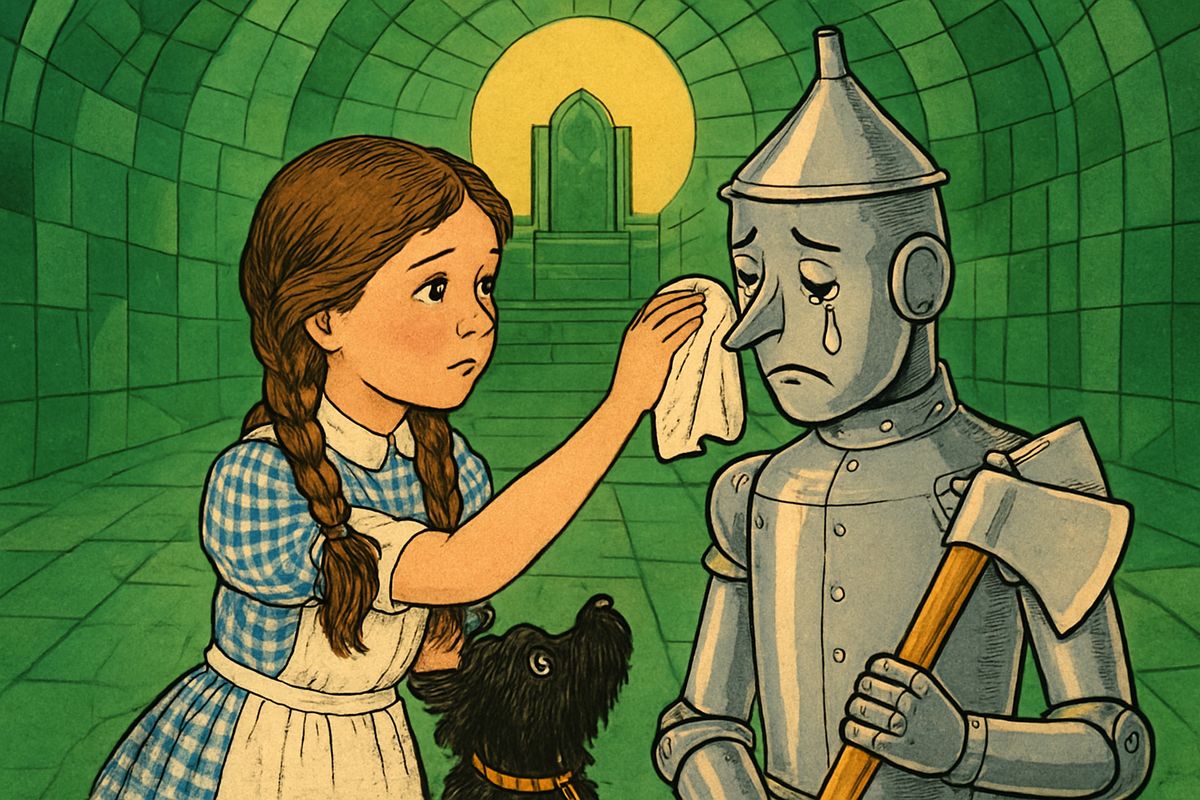 Oz had floated away in his balloon, and Dorothy wept for her lost hope of Kansas. The tender-hearted Tin Woodman wished to mourn the man who gave him his heart, so she fetched a towel and carefully wiped away every tear so that he would not rust. Afterwards he oiled himself all over with his jeweled oil-can.