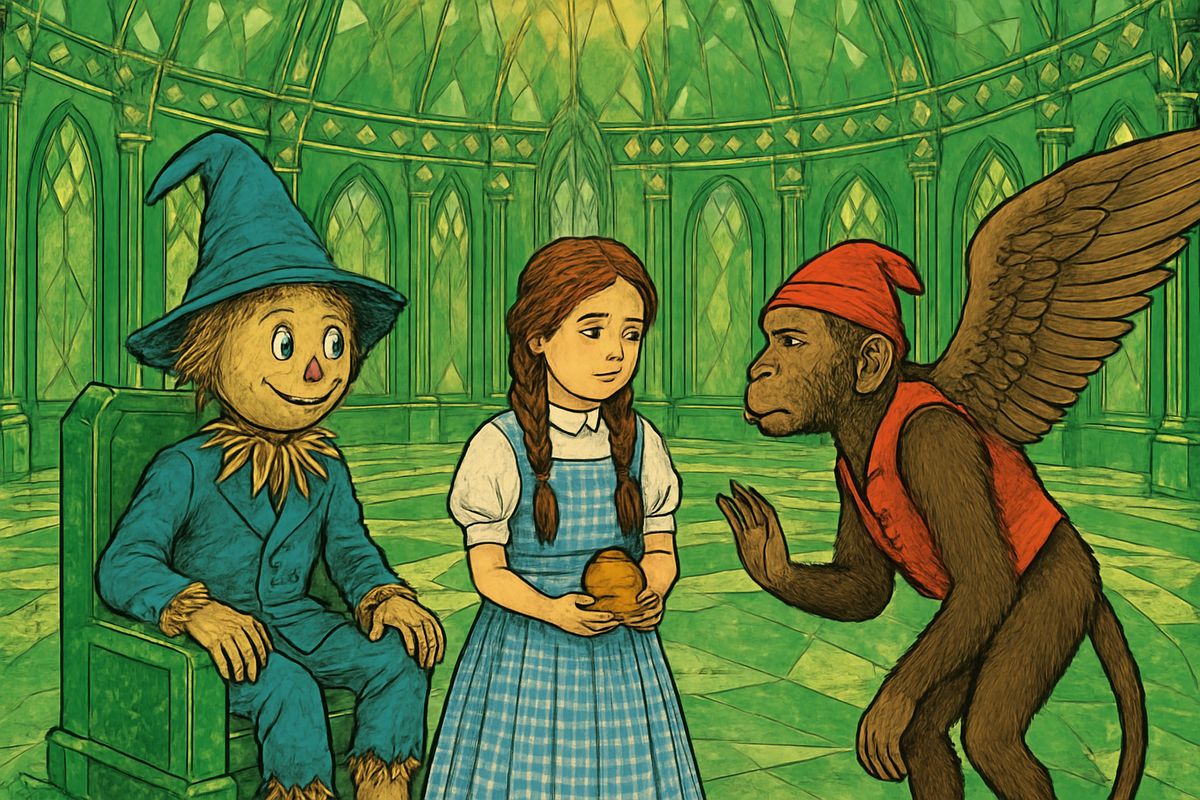 The Scarecrow now ruled the Emerald City. In the Throne Room he thought so hard that pins stuck out of his head, then asked: why not call the Winged Monkeys? Dorothy spoke the charm of the Golden Cap, but the Monkey King only bowed and shook his head. "We belong to this country alone, and cannot leave it."