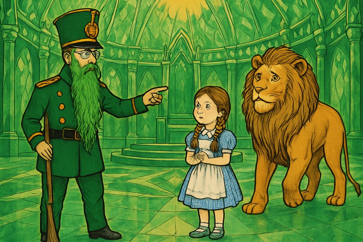 Next they called in the soldier with the green whiskers, who told them about Glinda, the good Witch of the South, whose castle stood on the edge of the desert. The road there was full of dangers, so the Lion, the Woodman and the Scarecrow refused to let Dorothy go alone. "Dorothy will need someone to protect her," declared the Lion.