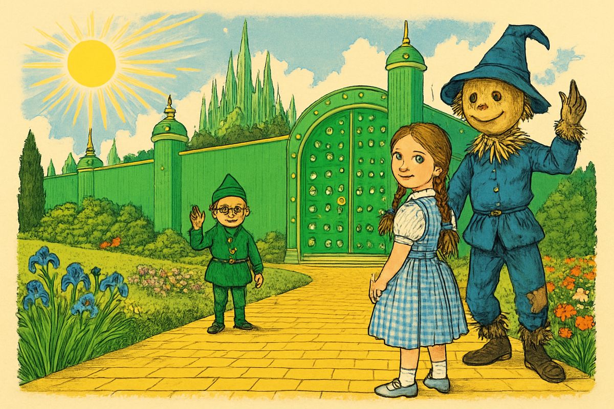 Next morning they said goodbye to the soldier and the pretty green girl, and the Guardian of the Gate unlocked their spectacles and opened the great gate. Looking back at the green towers, the friends praised Oz. Dorothy said nothing. He had not kept his promise, but he had done his best, so she forgave him. He was a good man, even if a bad Wizard.