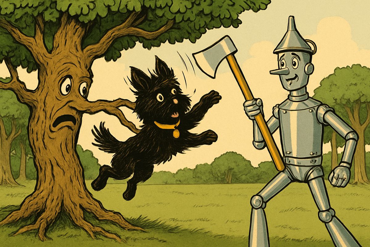After a night sleeping under the stars, they came to a thick wood. The first trees bent their branches down, threw the Scarecrow back headfirst, and grabbed little Toto and shook him until he howled. But the Tin Woodman marched up with his axe and chopped the branches away, and the whole party ran safely through.