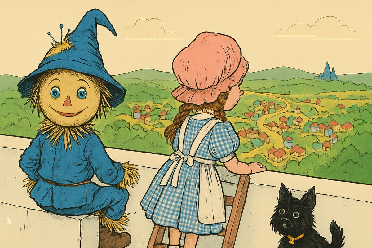 Beyond the wood rose a high wall of smooth white china. The Woodman built a clumsy ladder, and one by one the travelers climbed up and looked over. "Oh, my!" each of them cried. Below lay a land as white as a platter, full of tiny painted houses, animals and people, none taller than Dorothy's knee.