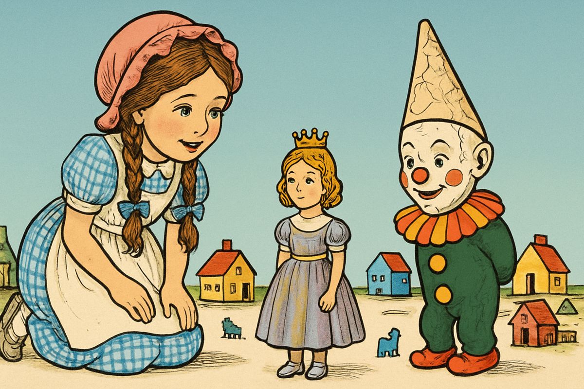 They landed softly on the flattened Scarecrow and walked on with care, but a startled china cow kicked over her milkmaid and broke off her own leg. Soon Dorothy met a dainty Princess, while Mr. Joker, cracked all over, stood on his head nearby. Dorothy wanted to carry her home, but the Princess would turn stiff away from her own land. "Our lives are much pleasanter here."