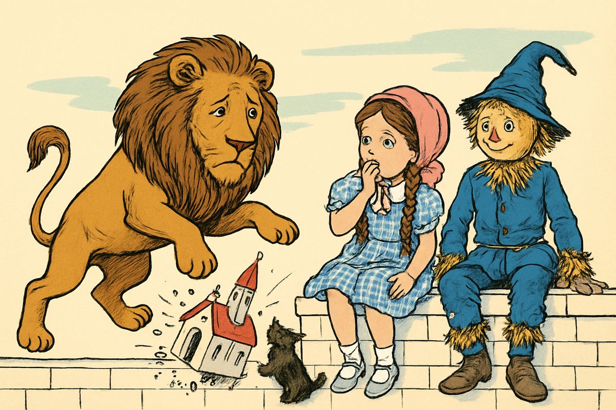 An hour later they reached a lower china wall and climbed up from the Lion's back. But as the Lion jumped up after them, his tail knocked over a little china church and smashed it to pieces. "They are all so brittle!" sighed Dorothy, and the Scarecrow was thankful to be made of straw.