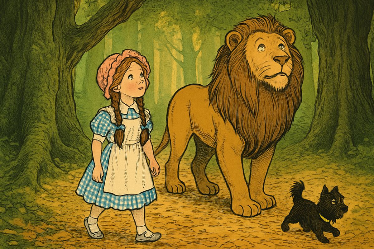 Past the china wall the travelers came at last into a forest whose trees were bigger and older than any they had ever seen. The Scarecrow found it gloomy, but the Lion looked around with joy. "I should like to live here all my life," he declared.