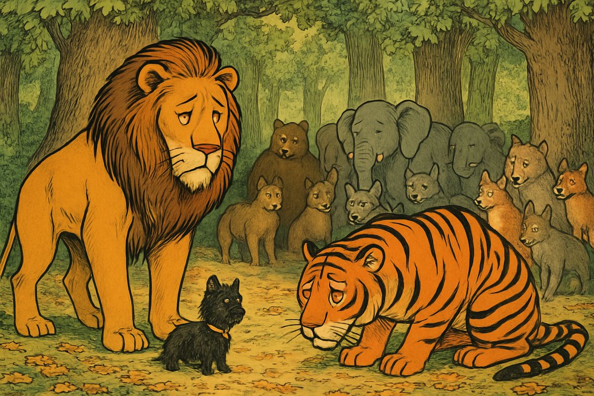 In the morning they found hundreds of beasts holding a worried, growling meeting. The biggest tiger bowed to the Lion and begged the King of Beasts to save them from a monster spider with legs like tree trunks. The Lion promised to kill it if they would make him their King, and every beast roared, "We will!"