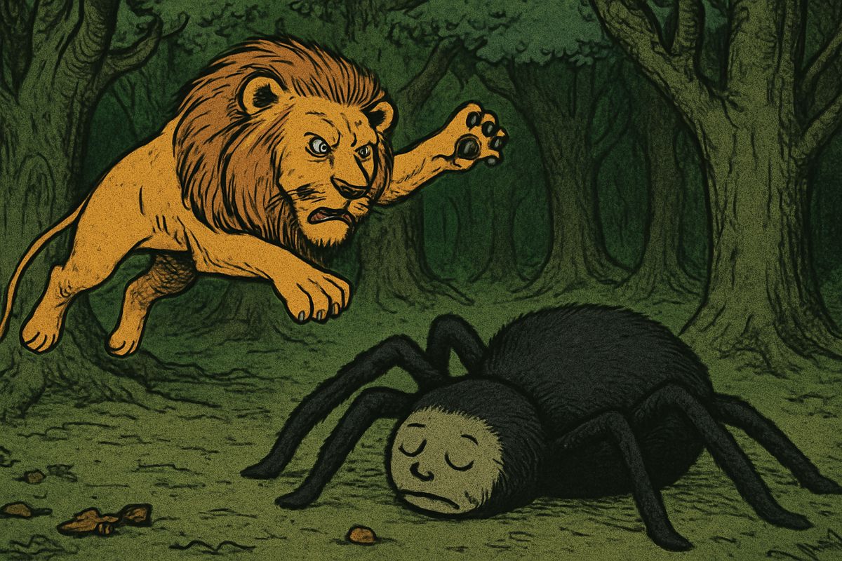 The Lion found the great spider asleep among the oak trees, ugly and hairy, its head joined to its pudgy body by a neck as thin as a wasp's waist. Knowing a sleeping foe was easier to fight, he gave a great spring onto its back and struck at that thin neck with one blow of his heavy paw.