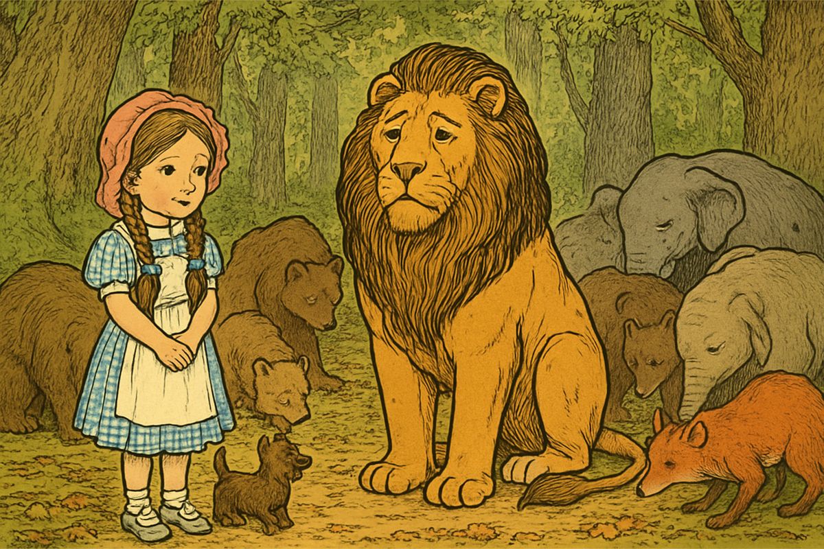 When the long legs stopped wiggling, the Lion marched back and said proudly, "You need fear your enemy no longer." Then all the beasts bowed down to him as their King, and he promised to return and rule them as soon as Dorothy was safely on her way to Kansas.